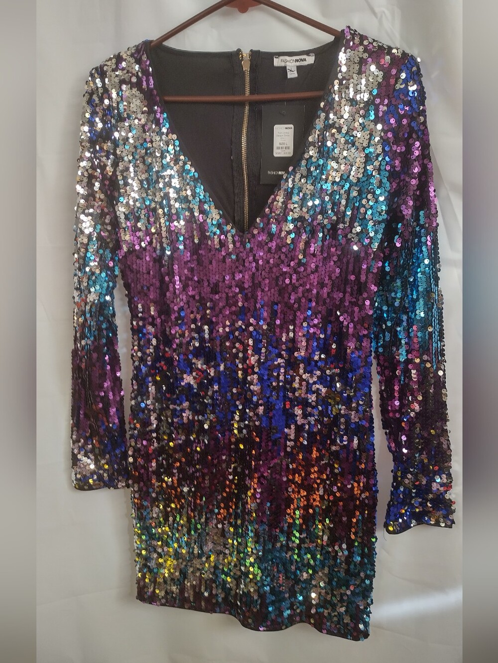 New Multicolor Sequin V-Neck Long Sleeve Dress Purple, Blue, Silver Size Large